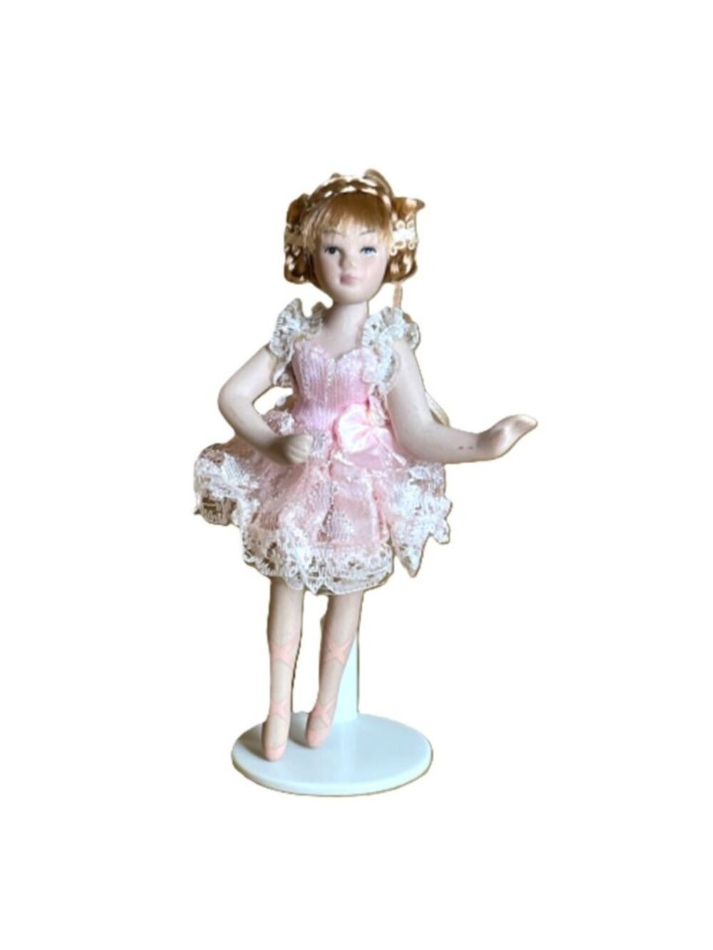Vintage 6” Porcelain Ballerina Doll Pink Tutu Miniature Figure Ornament w/ Stand